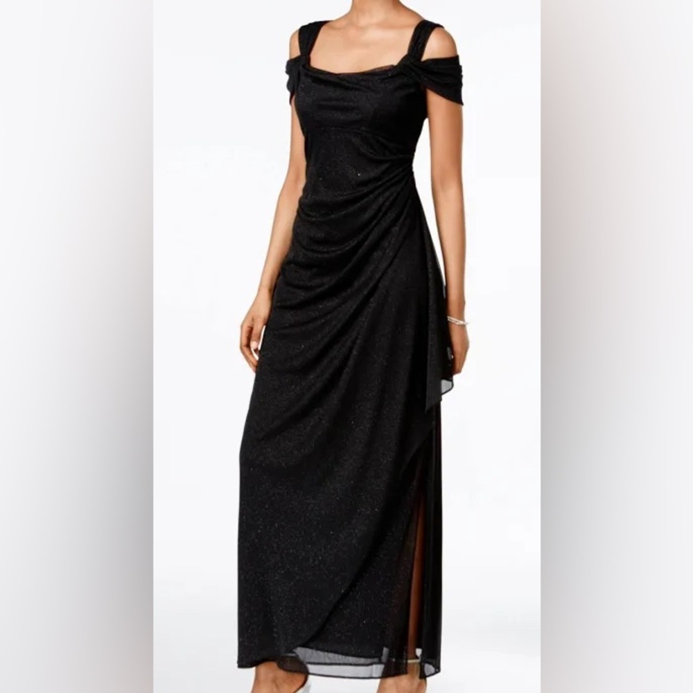 Alex Evenings Formal Long Gown Black Metallic Cold Shoulder Sz 14 $159 NWT